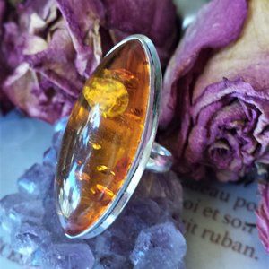 NEW Natural Amber Baltic Honey stone 925 Sterling Silver Statement Ring size 7.5